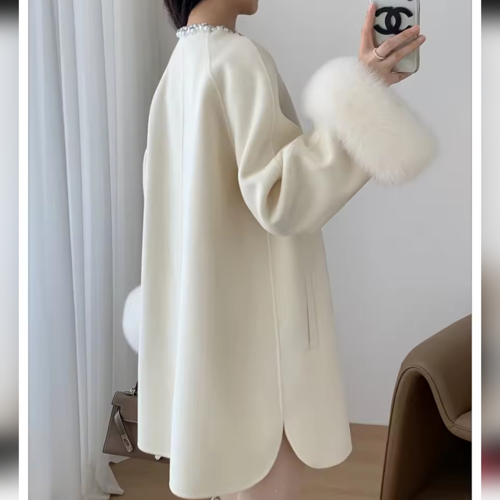Wool Woolen Coat Real Fox Fur Cuff Coat Winter Jacket Natural Fox Fur - Picture 5 of 8